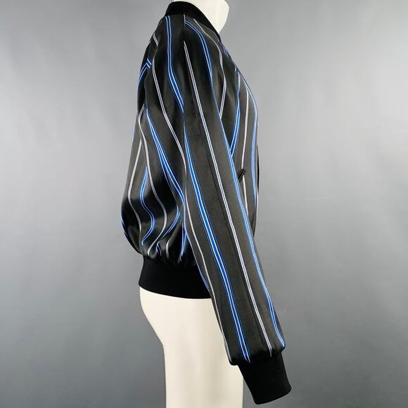 3.1 PHILLIP LIM Size M Black Blue Stripe Satin Bomber Jacket - Picture 3 of 5